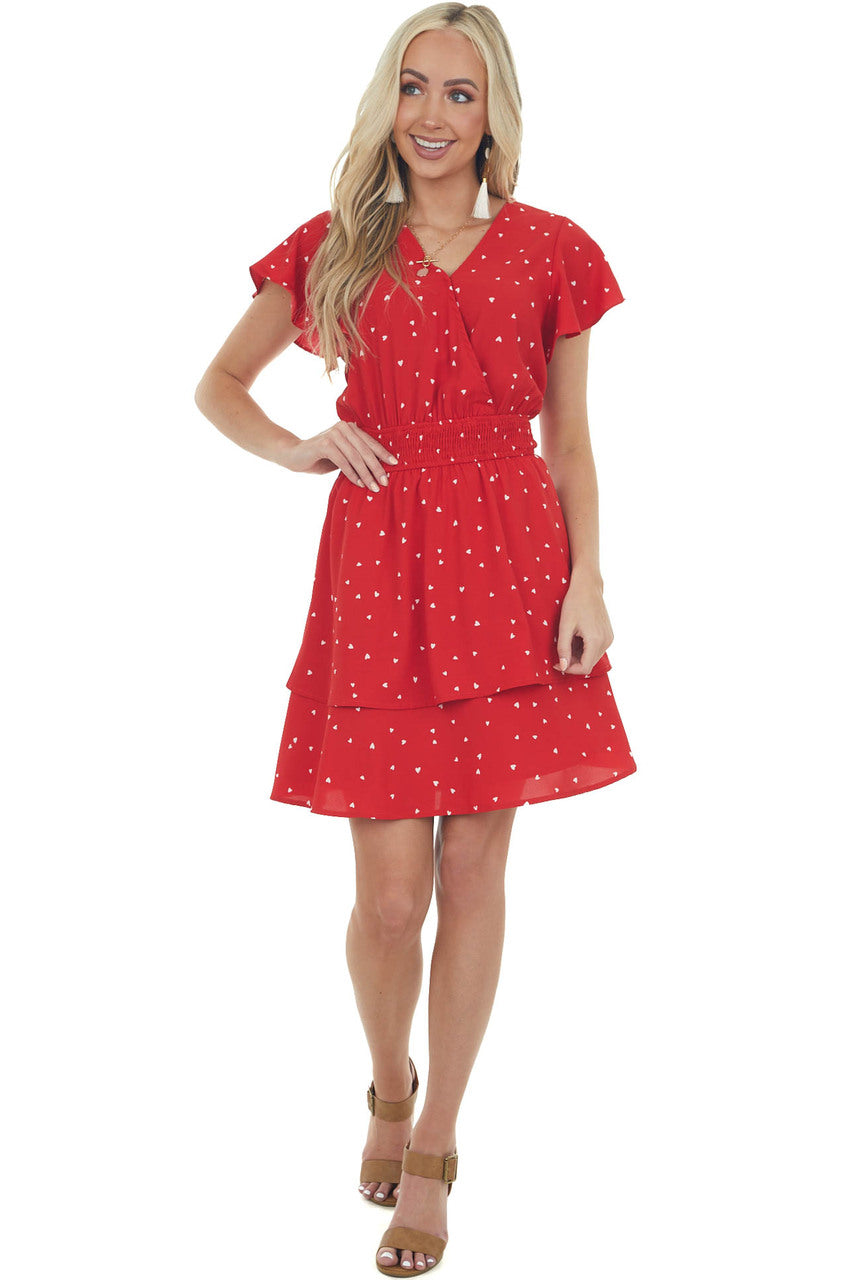 Lipstick Red Heart Print Surplice Short Dress 