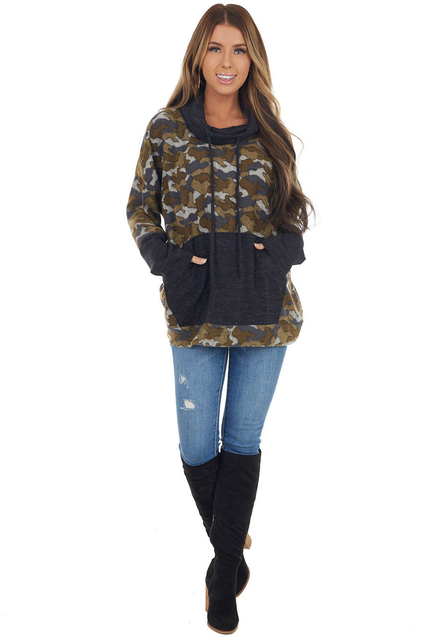 Olive Camo Print Pullover with Cowl Neck and Kangaroo Pouch