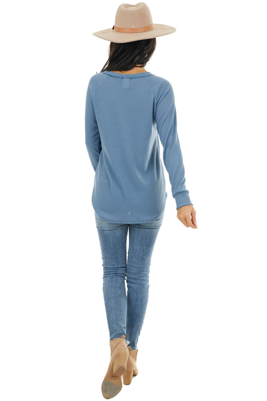 Dusty Blue Waffle Knit Long Sleeve Top with V Stitch