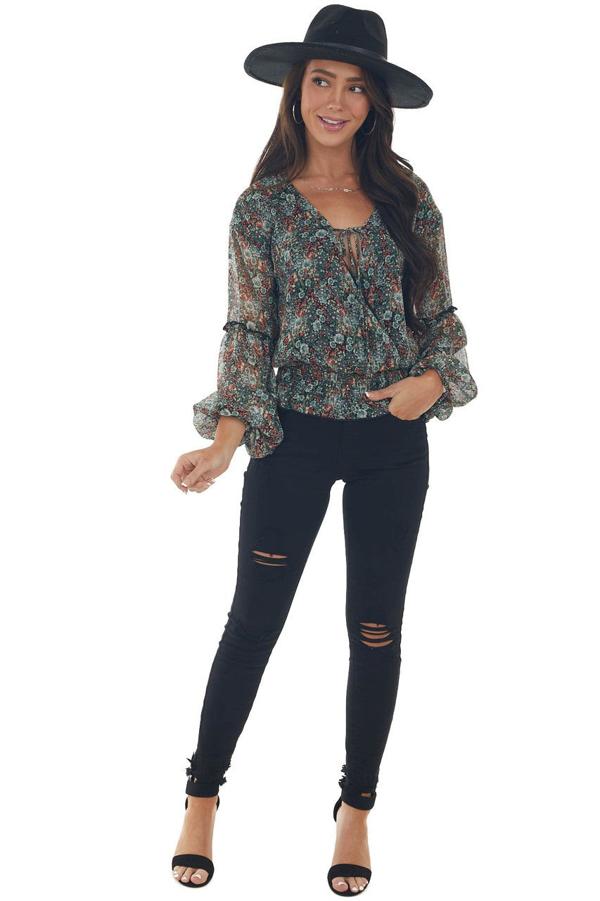 Black Floral Print Surplice Blouson Woven Top 