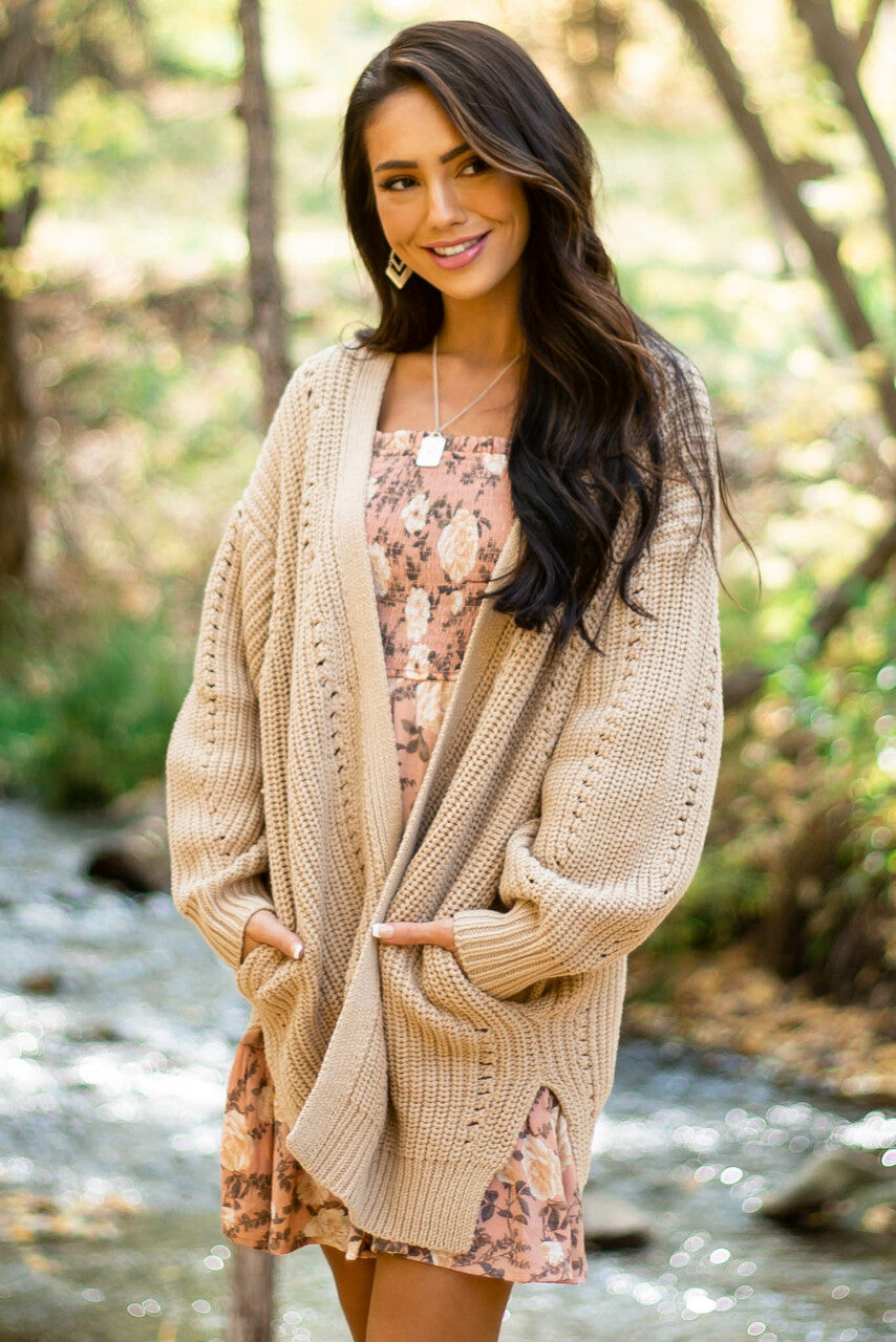 Beige Side Pocket Pointelle Cardigan 