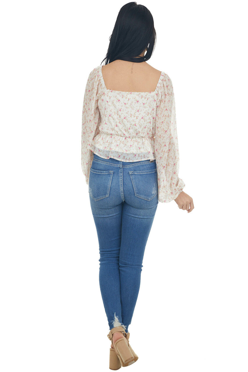 Ivory Peplum Top with Baby Pink Floral Detail