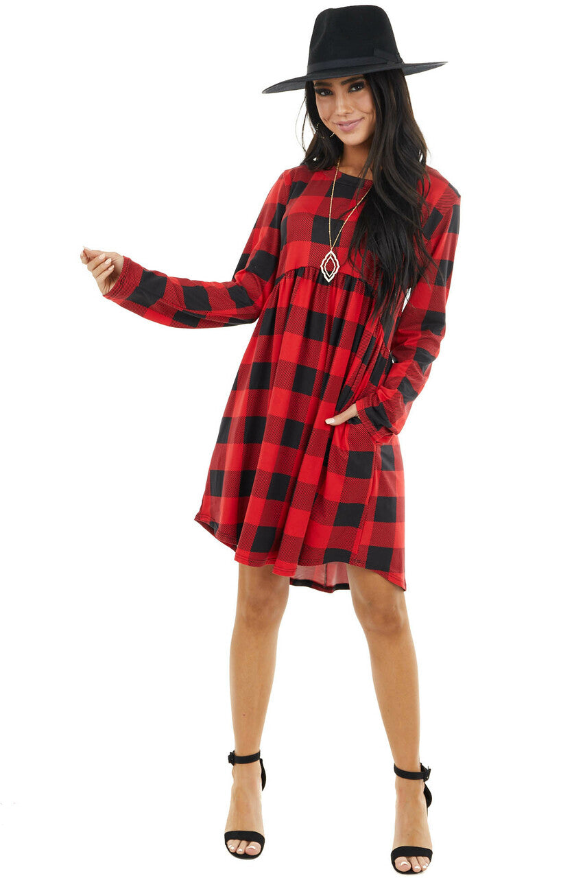 Ruby Red Buffalo Plaid Print Knit Long Sleeve Babydoll Dress