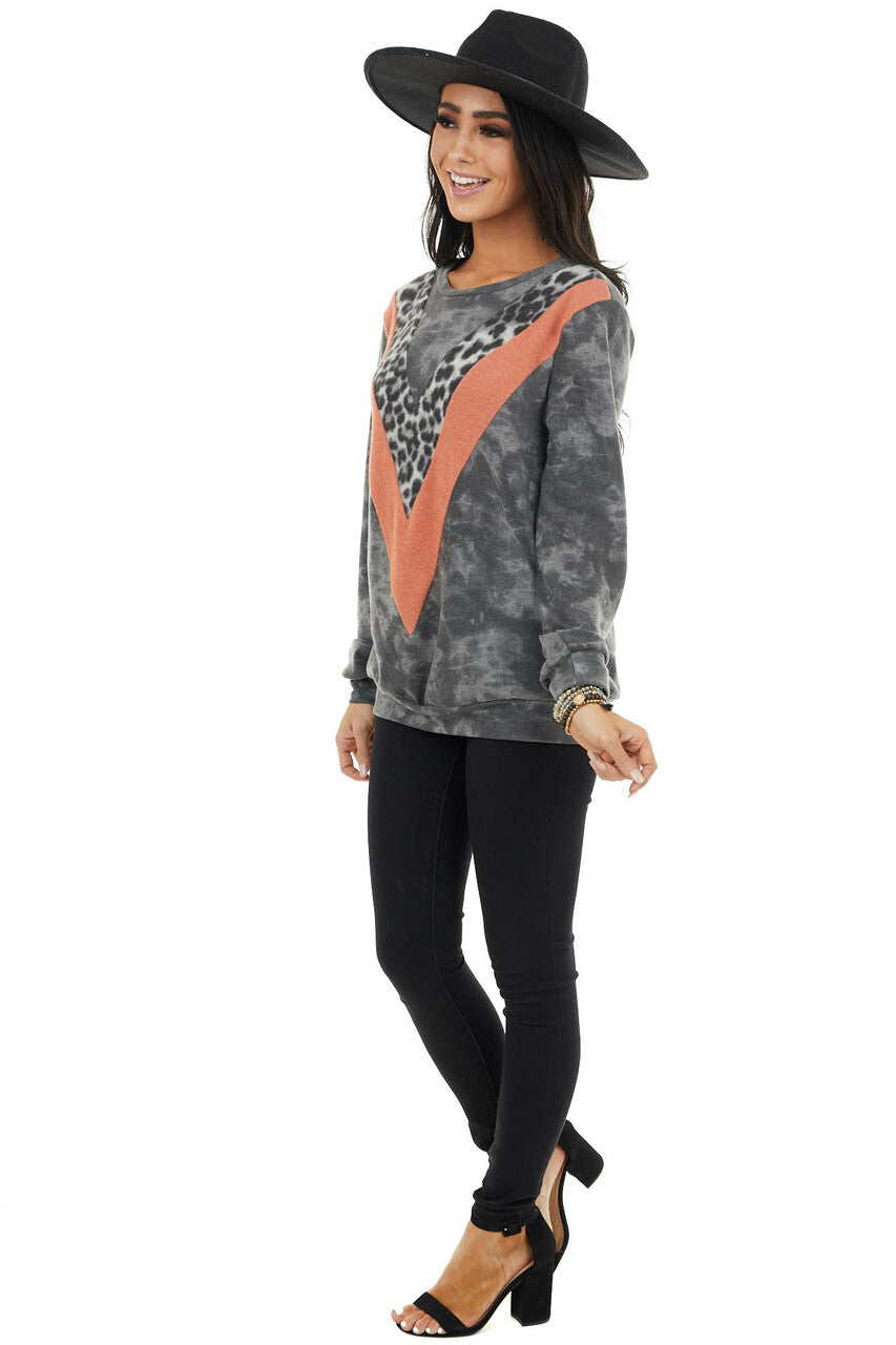 Charcoal and Tangerine Knit Top with Leopard Print Detail 