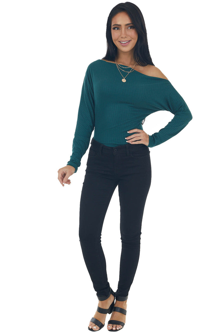 Pine Off Shoulder Long Sleeve Ribbed Bodysuit