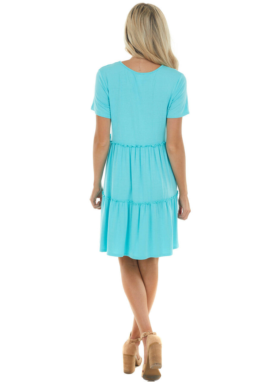 Aqua Cap Sleeve Drop Waist Tiered Short Dress
