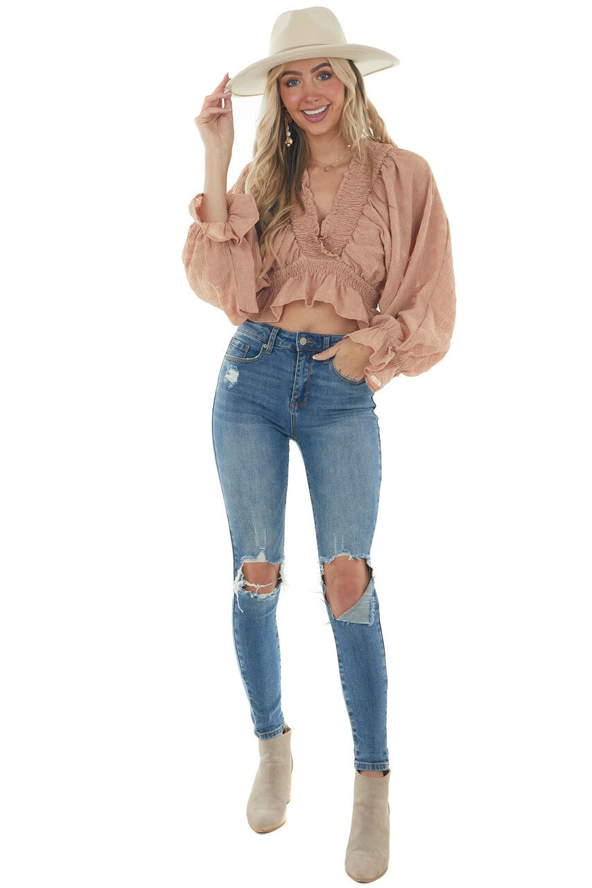 Desert Sand Plunging Neck Puff Sleeve Blouse