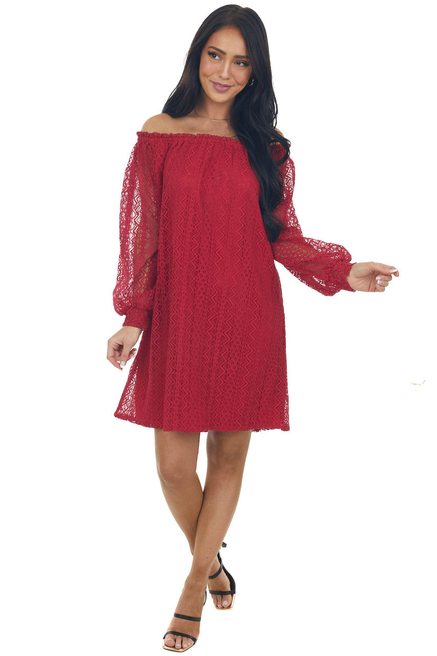 Crimson Off the Shoulder Lace Short Dress