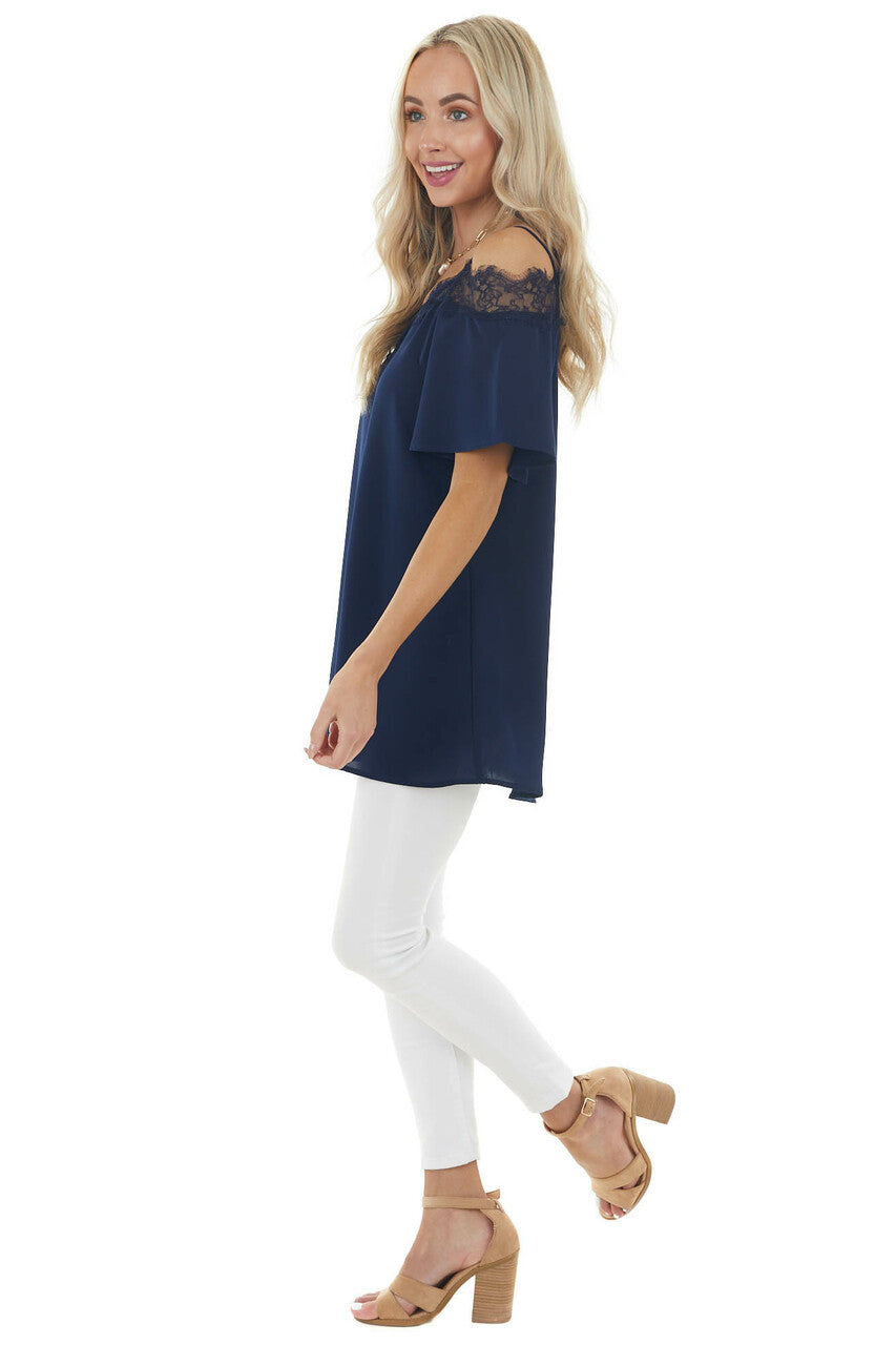 Navy Blue Cold Shoulder Short Sleeve Blouse with Lace