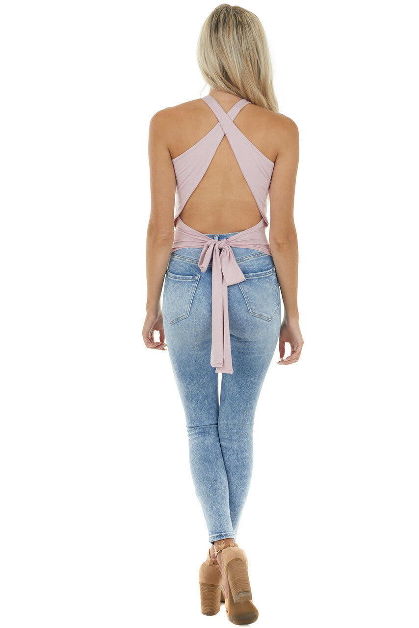 Pale Rose Soft Knit Halter Top with Criss Cross Back Tie