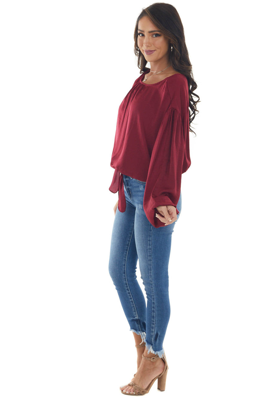 Maroon Bubble Sleeve Blouse with Tie Detail 