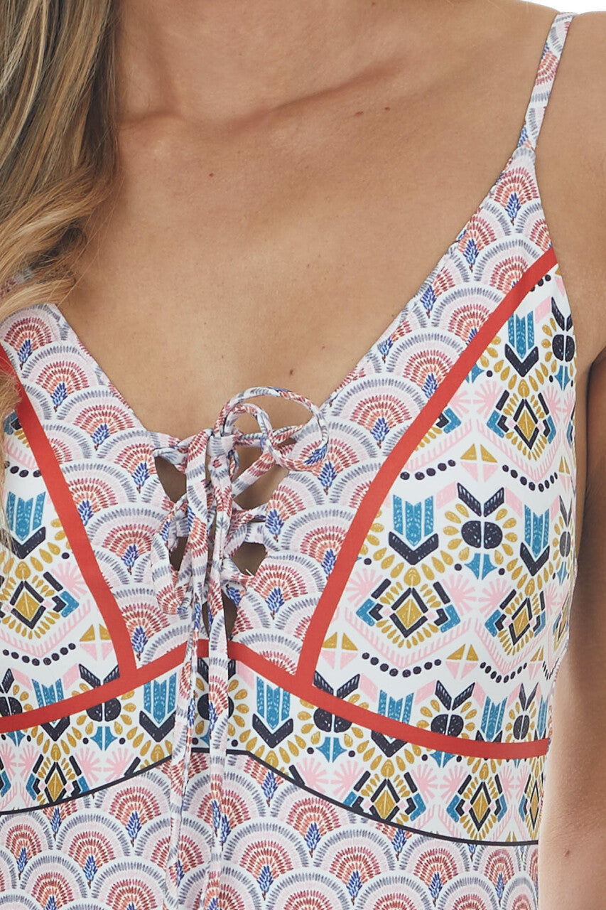 Rust and Mustard Printed Lace Up Neck Swimsuit