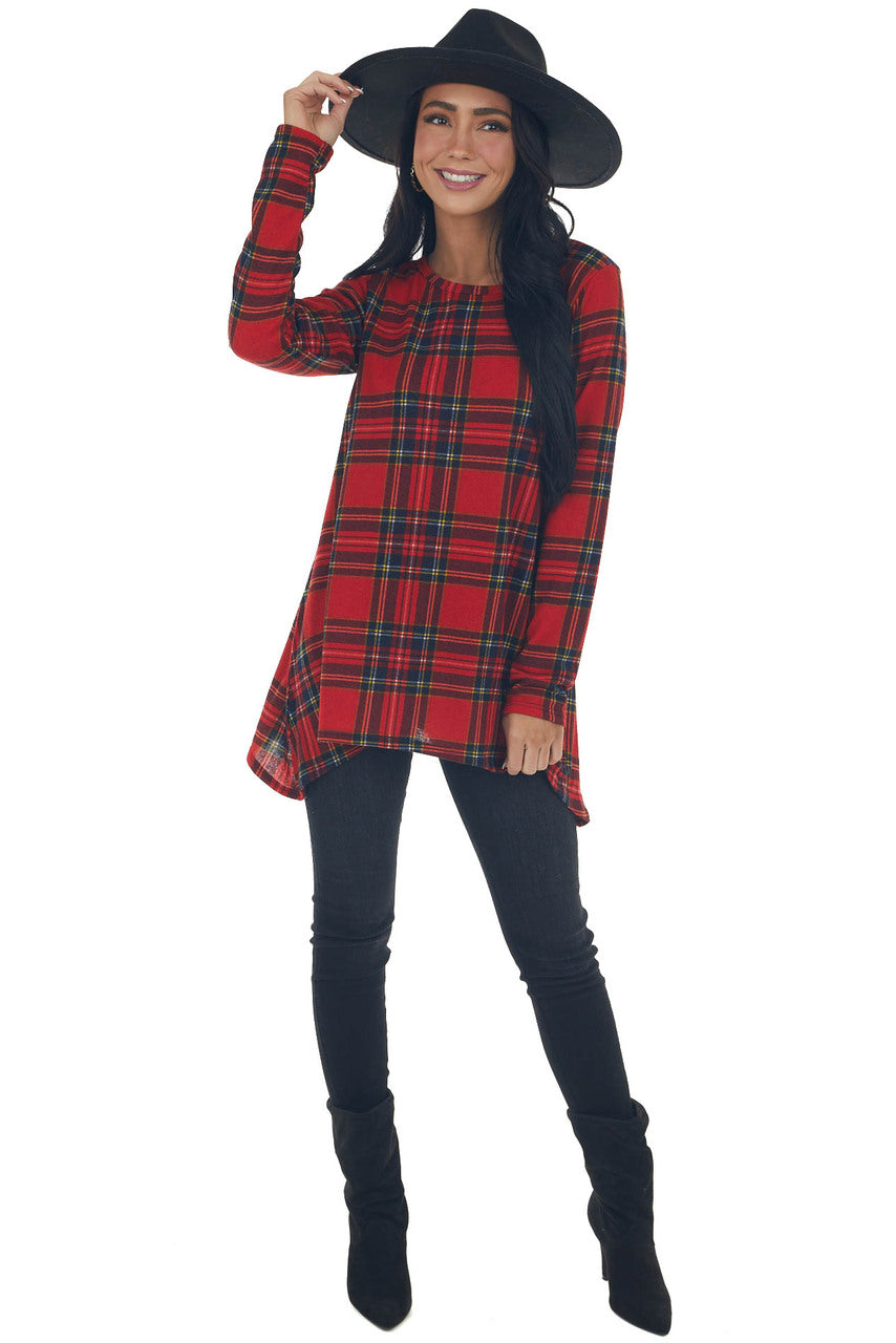 Ruby Plaid Knit Top with Handkerchief Hemline