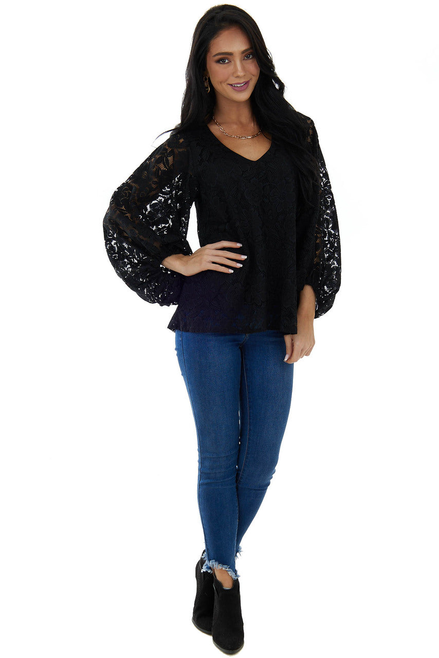 Black Floral Lace Long Bubble Sleeve Blouse