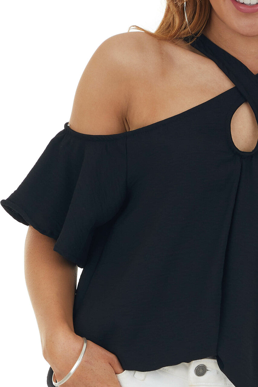 Black Cold Shoulder Blouse with Criss Cross Halter Neck