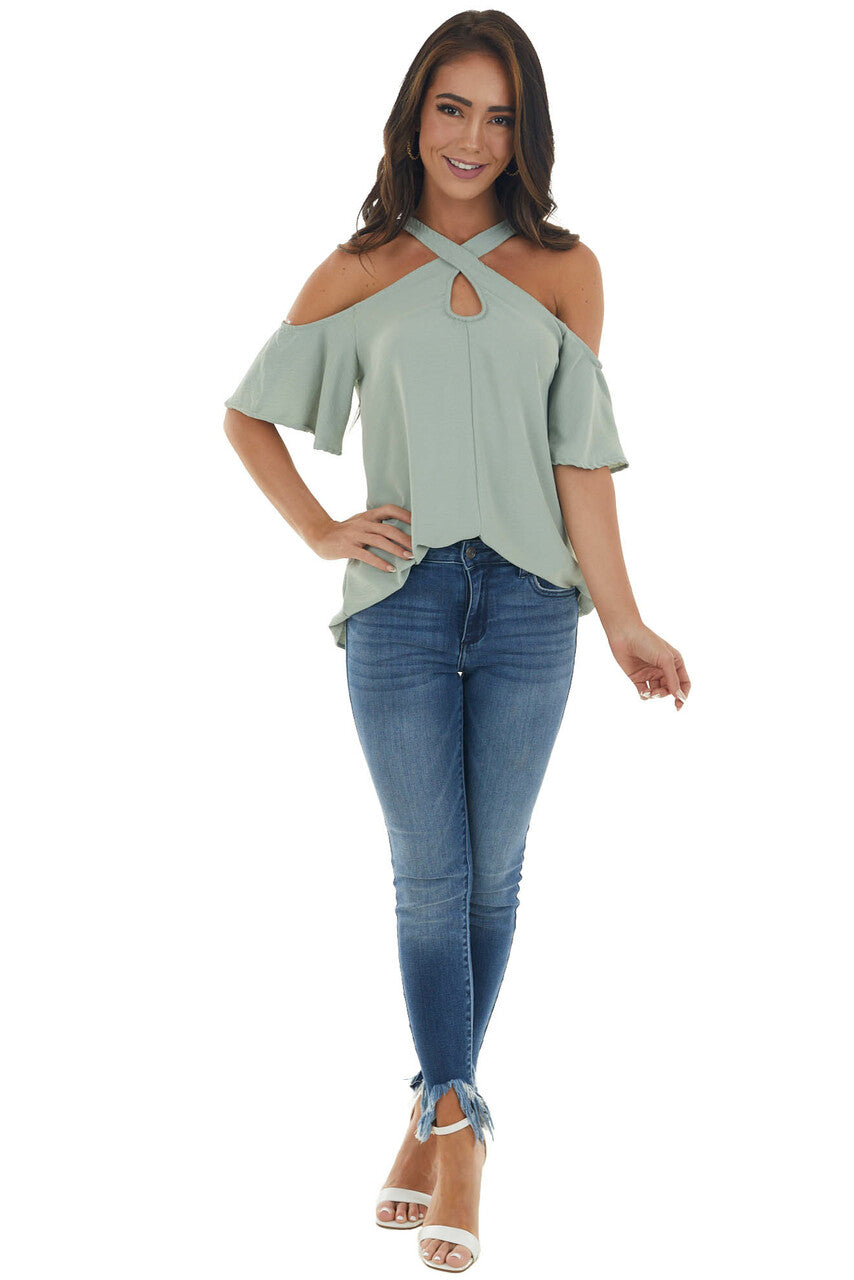 Sage Cold Shoulder Blouse with Criss Cross Halter Neck