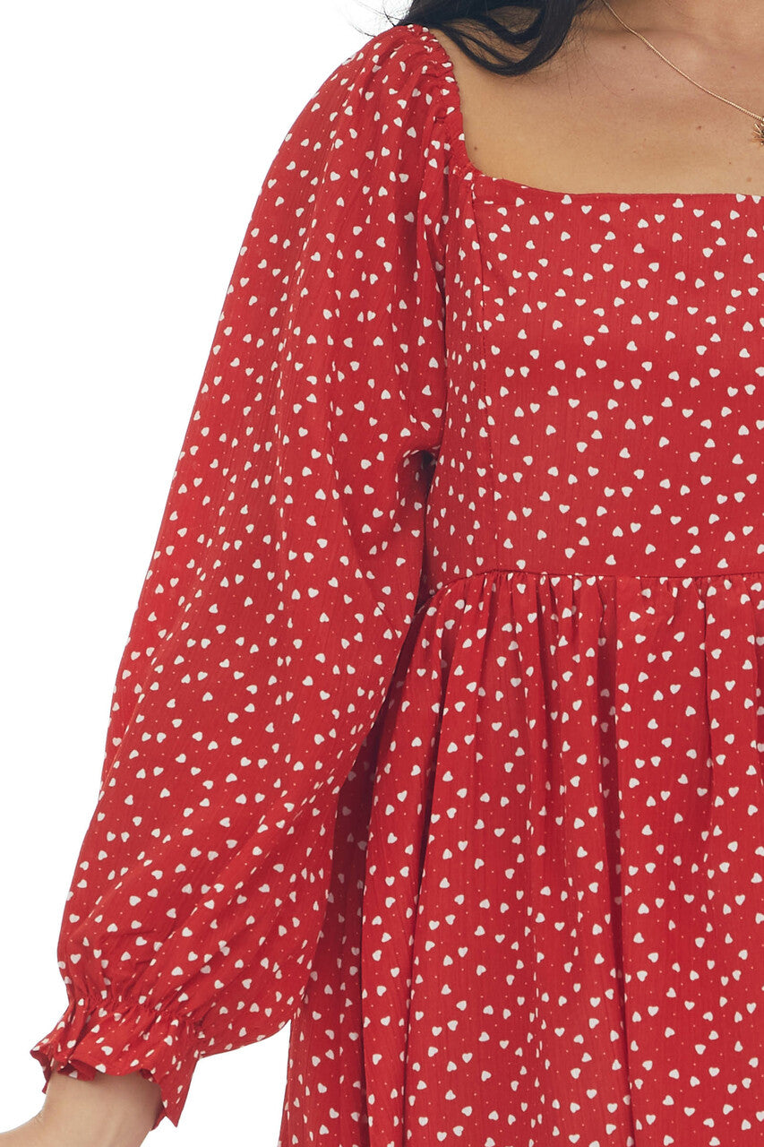 Lipstick Red Heart Print Babydoll Mini Dress
