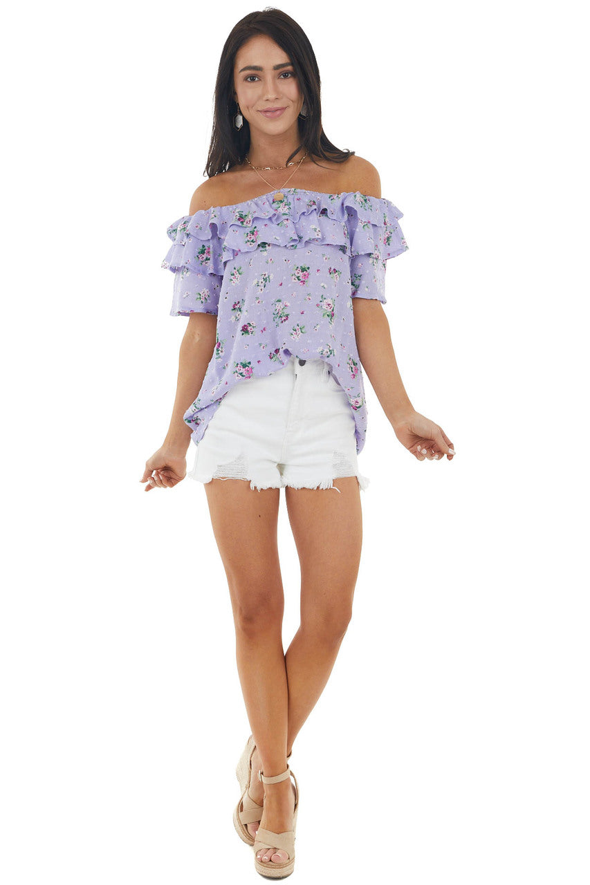 Iris Floral Print Off the Shoulder Swiss Dot Woven Top