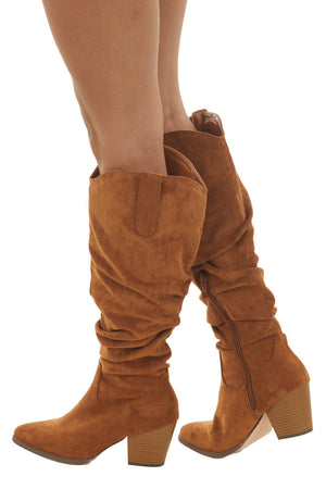 Cognac Pointed Toe Knee High Slouch Boots