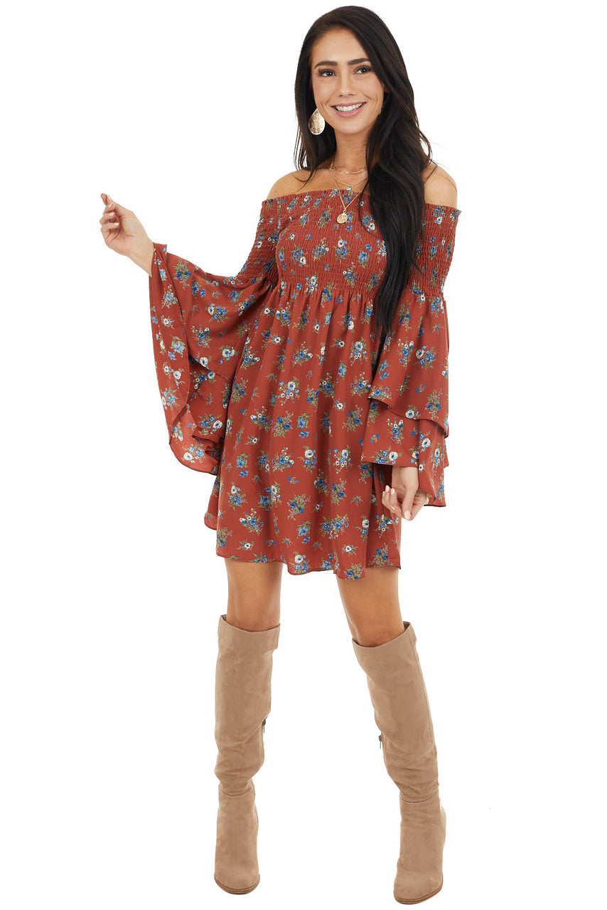 Brick Red Floral Print Off the Shoulder Mini Dress
