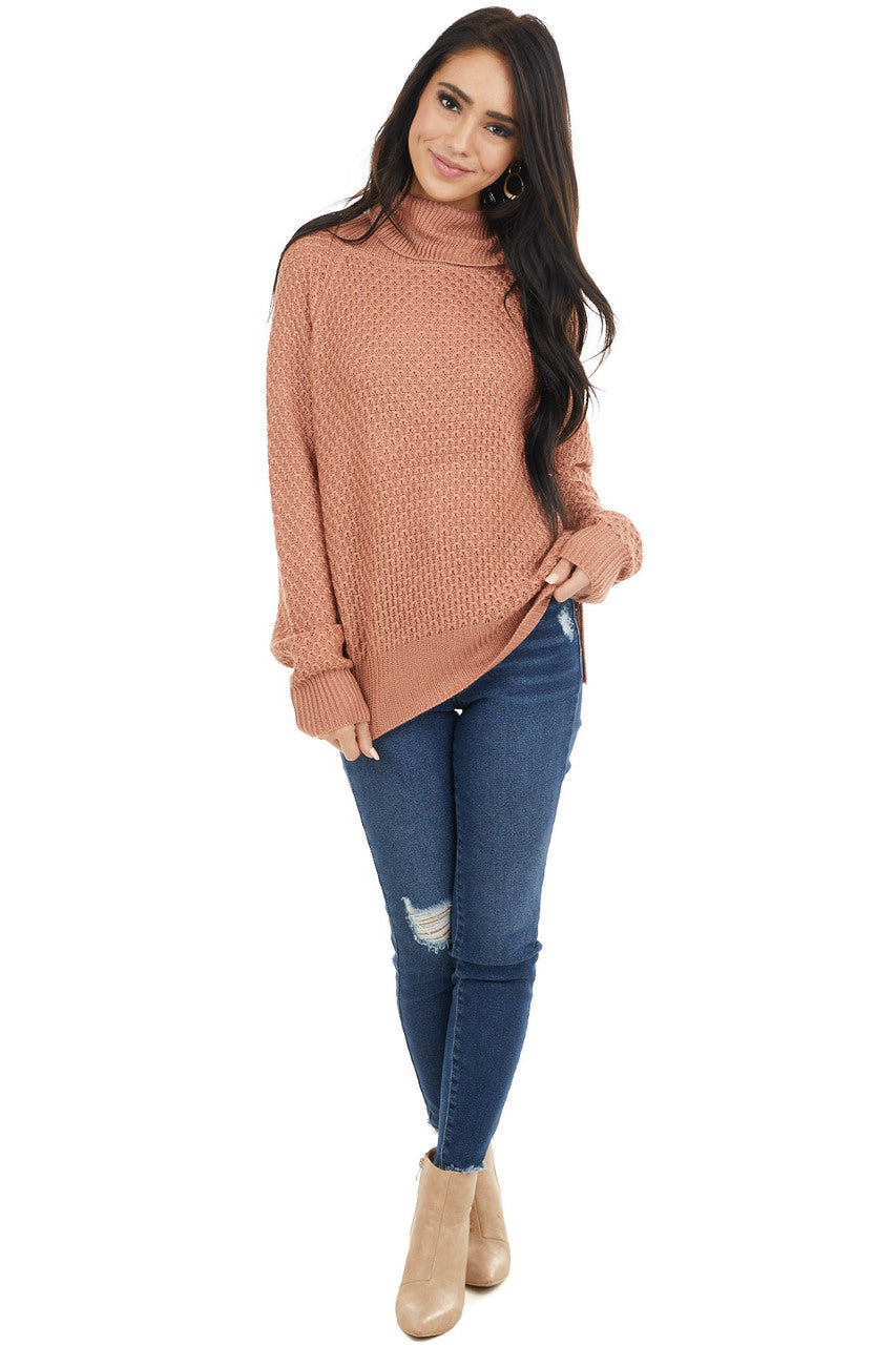 Terracotta Waffle Knit Turtleneck Sweater with Long Sleeves