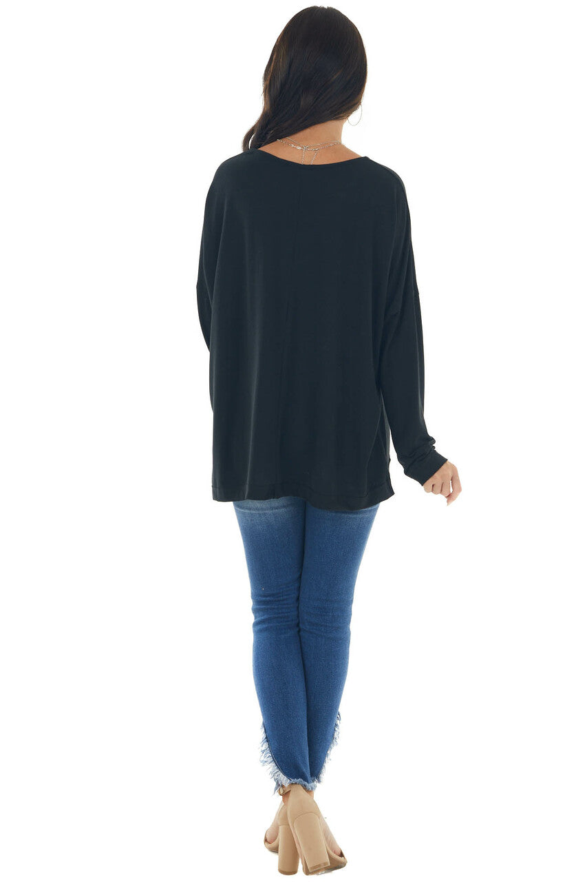 Black Drop Shoulder Knit Top with V Neck