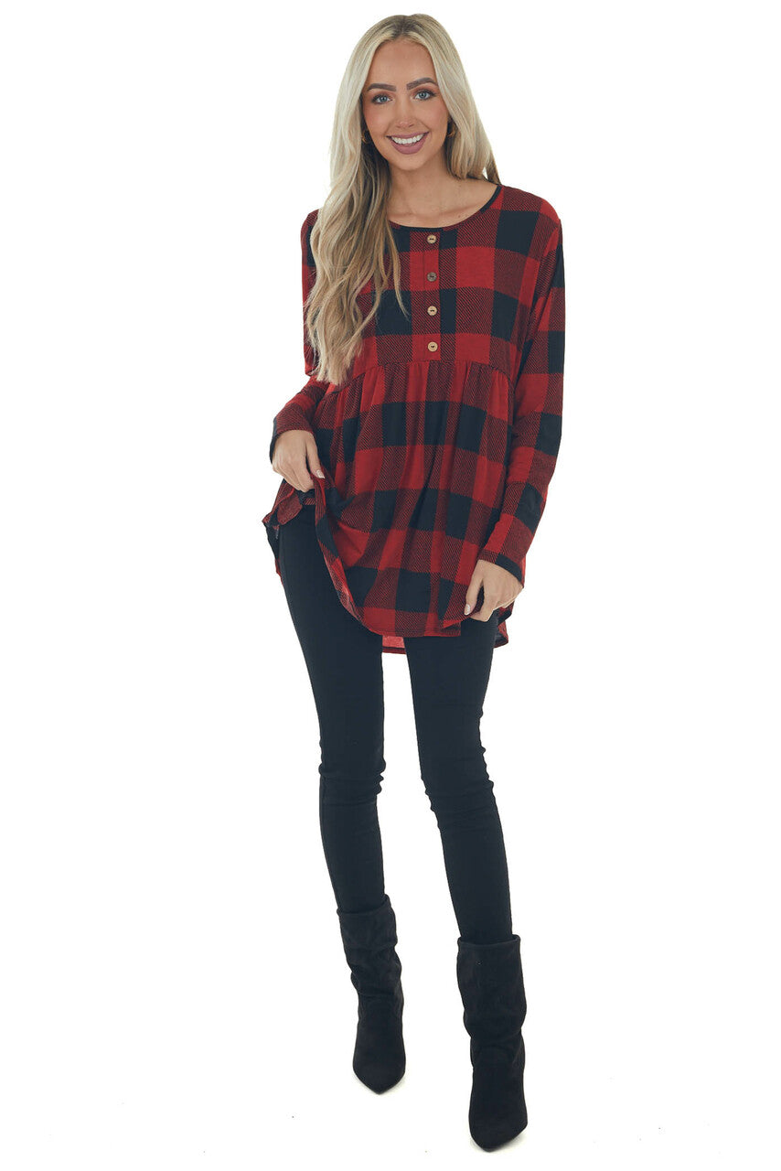 Cherry Buffalo Plaid Long Sleeve Tunic Top