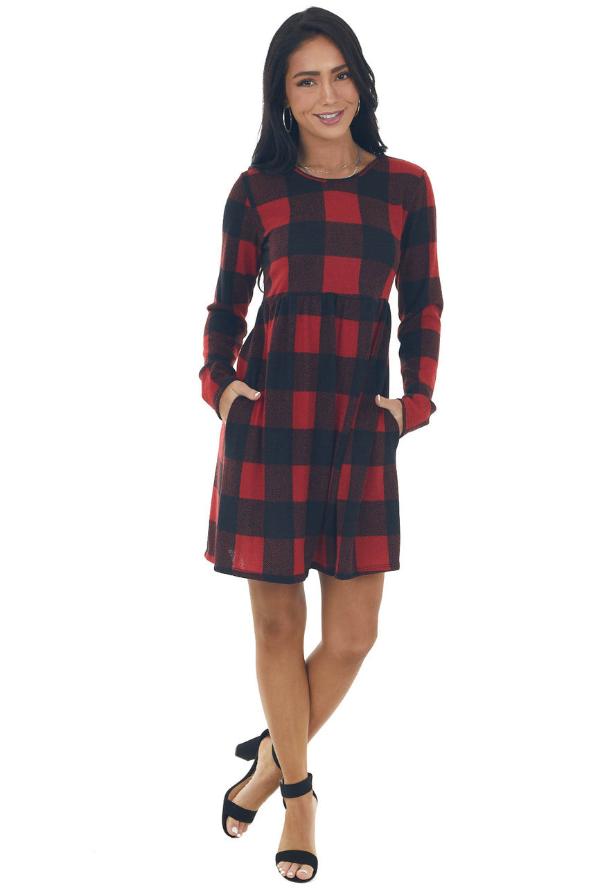 Cranberry Buffalo Plaid BabyDoll Short Dress