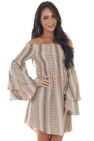 Coral Striped Off the Shoulder Smocked Dress 