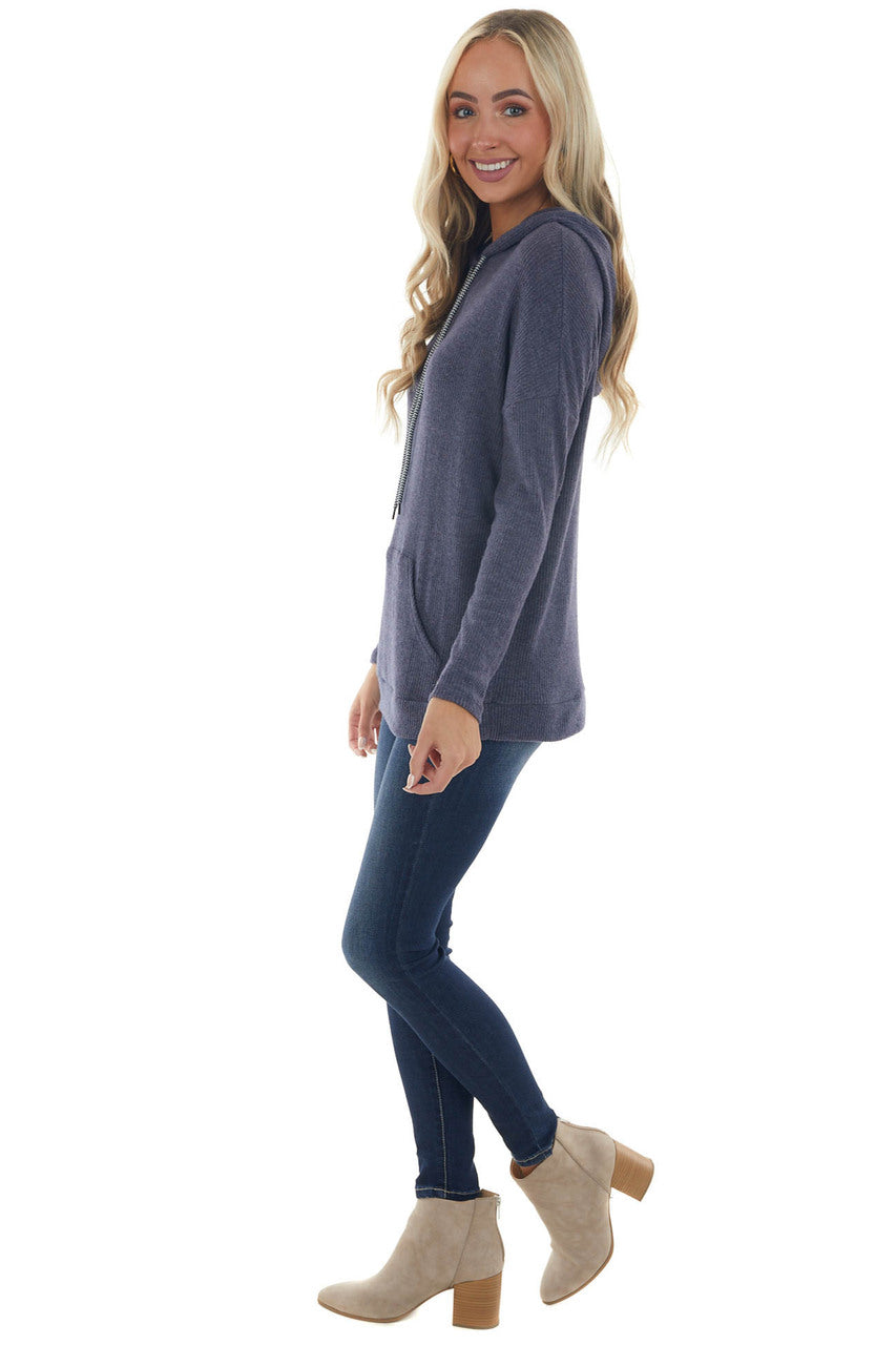 Navy Knit Sweatshirt with Striped Drawstrings 