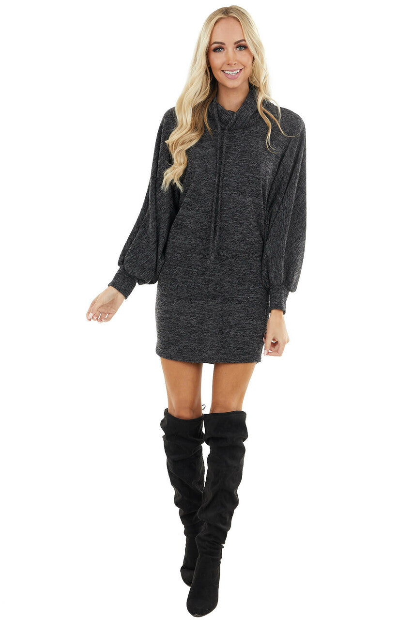Black Two Tone Long Dolman Sleeve Dress with Cowl Neckline