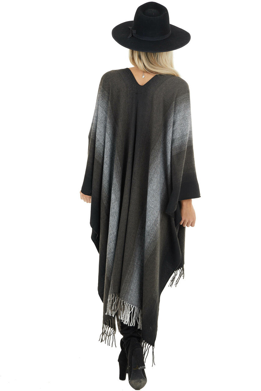 Charcoal Grey Ombre Colorblock Poncho with Fringe Detail 