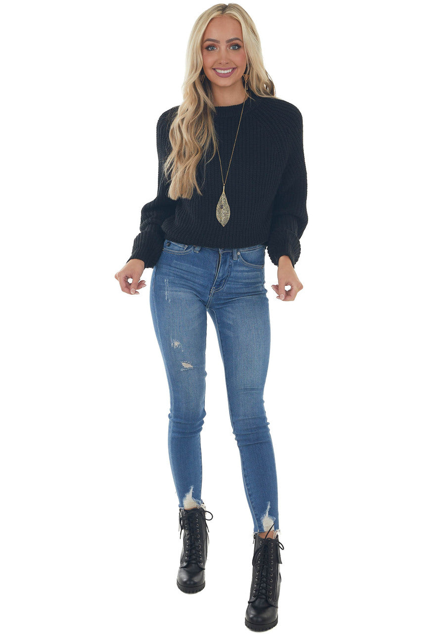 Black Raglan Sleeve Slight Crop Sweater