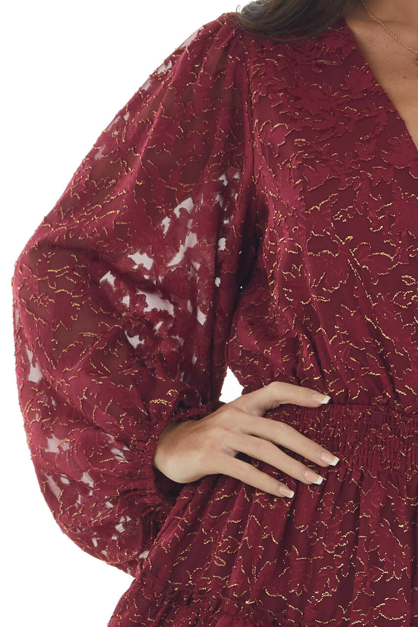 Wine and Gold Metallic Texture Surplice Dress