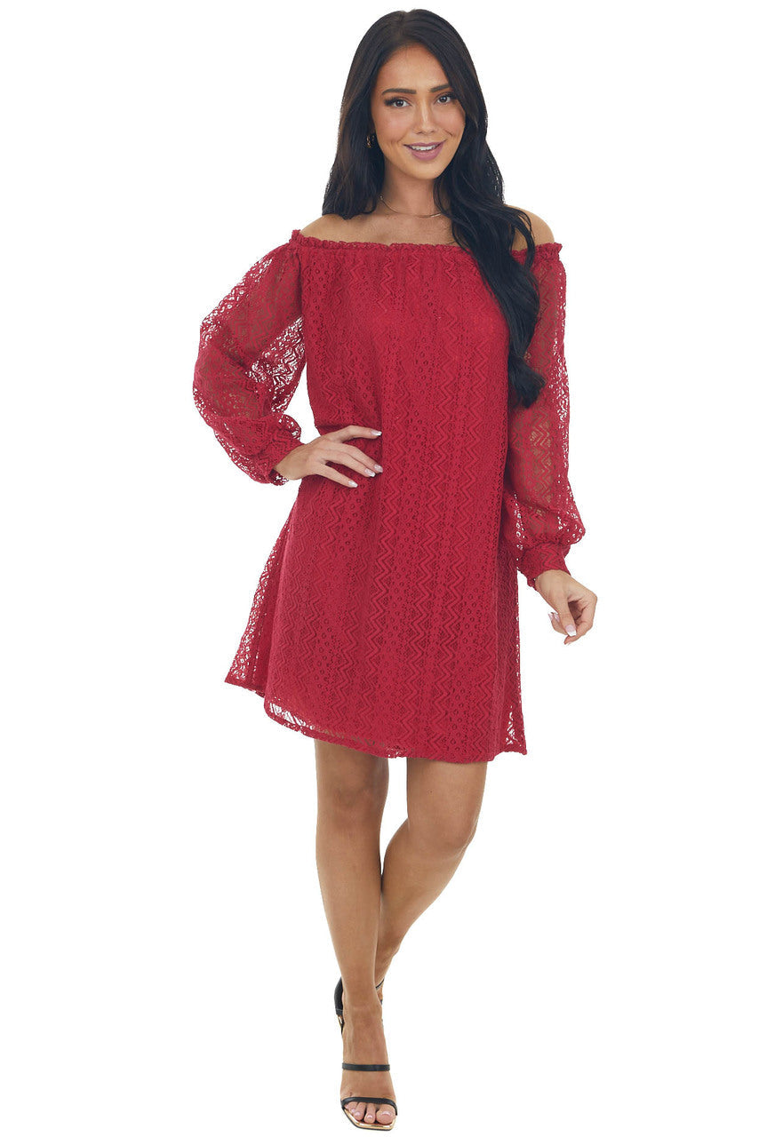 Crimson Off the Shoulder Lace Short Dress
