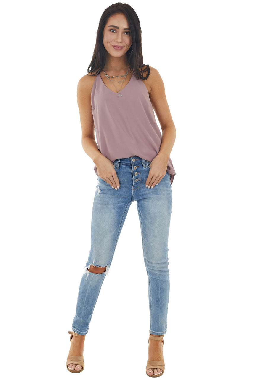 Misty Mauve Sleeveless Woven Tank Top with Spaghetti Straps
