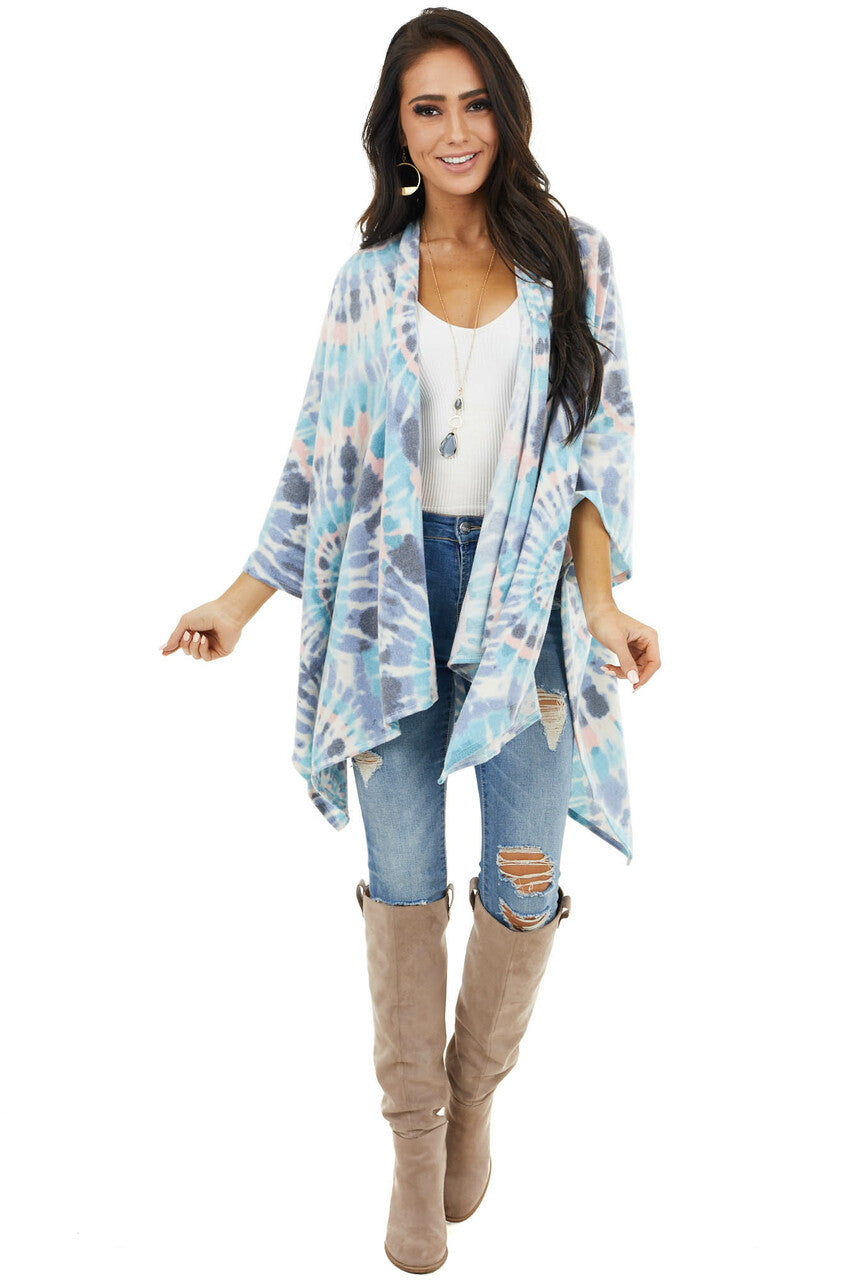 Sky Blue and Blush Tie Dye Poncho with Open Front