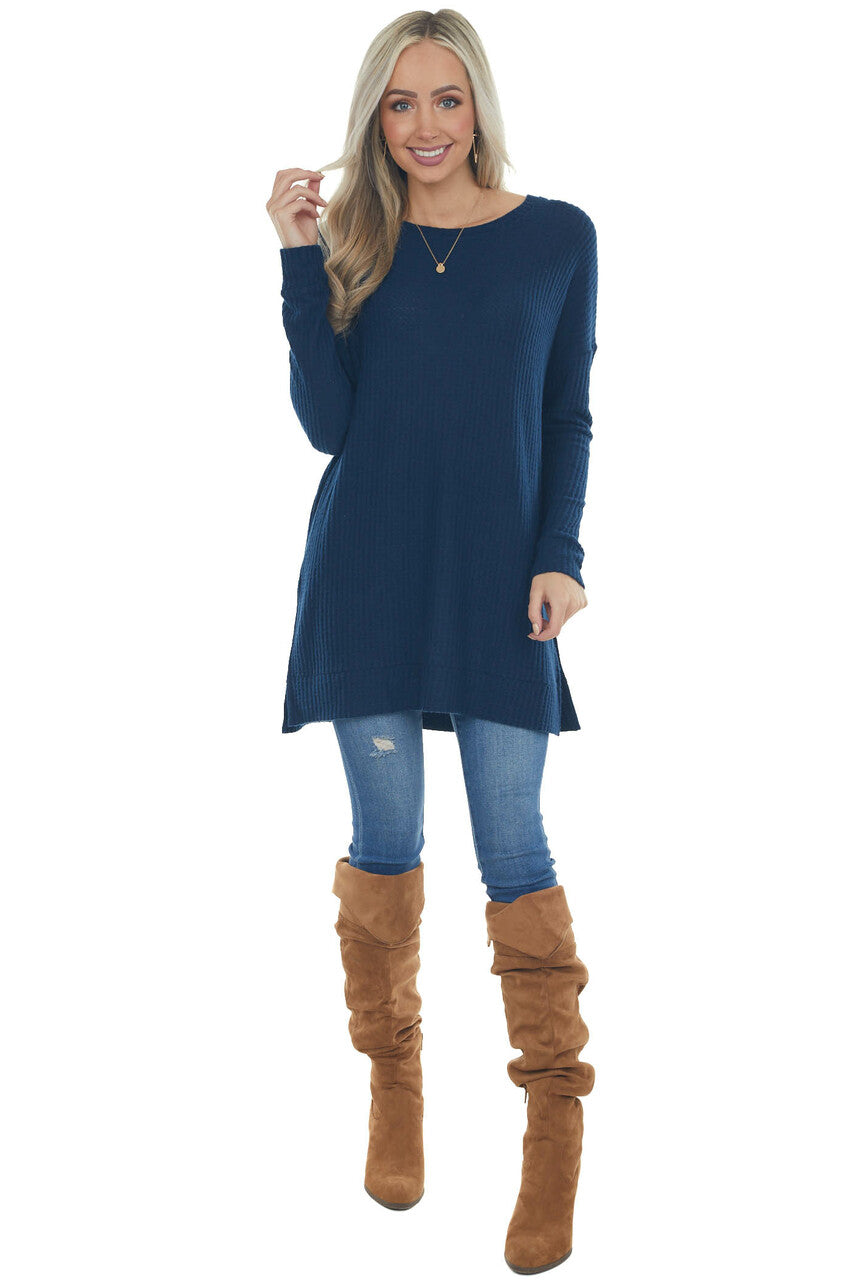 Navy Blue Tunic Length Brushed Waffle Knit Top