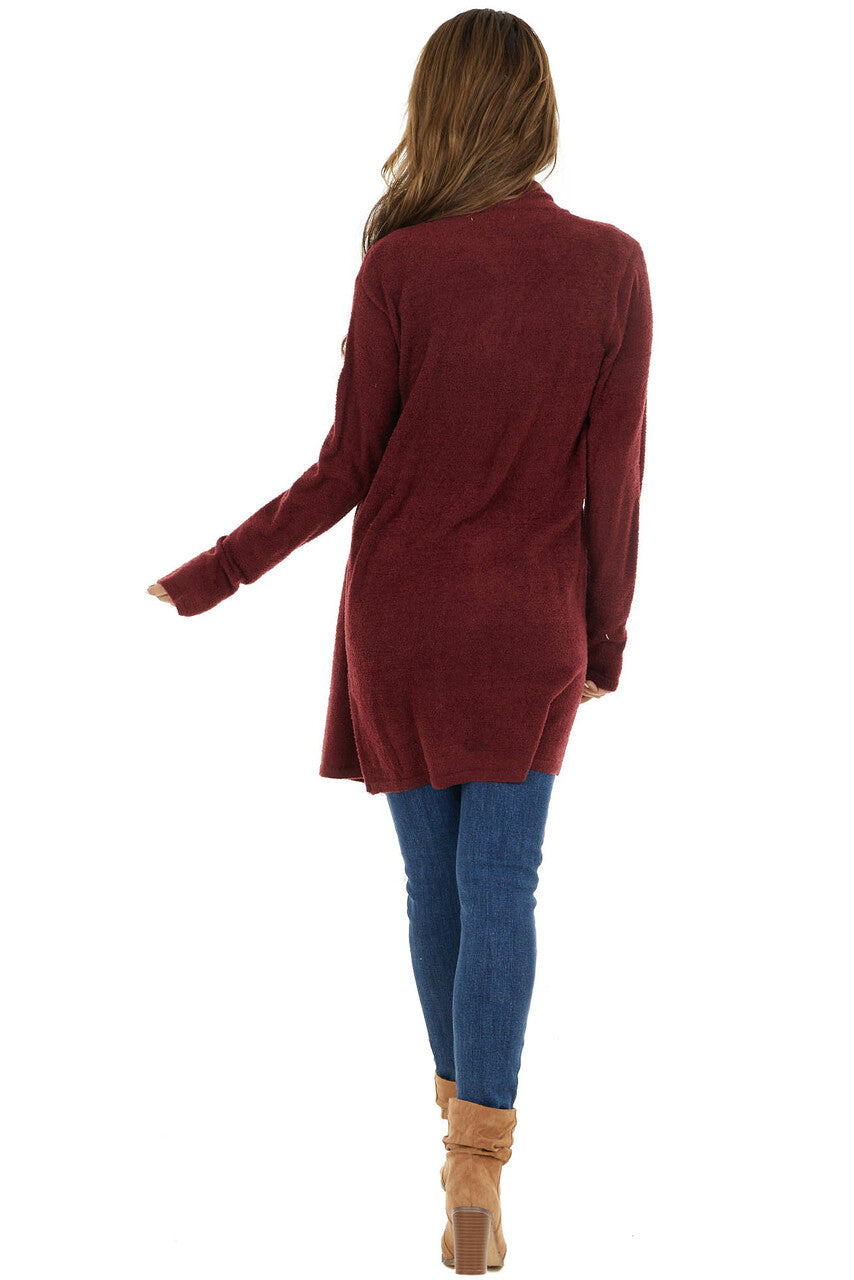 Wine Super Soft Fuzzy Open Front Cardigan with Pockets