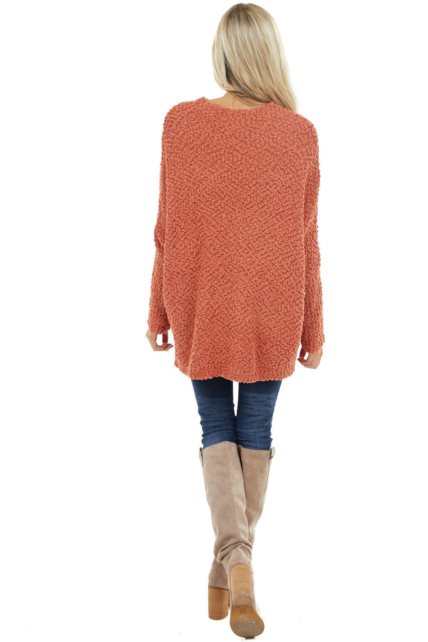 Terracotta Stretchy Knit Long Sweater with Pockets