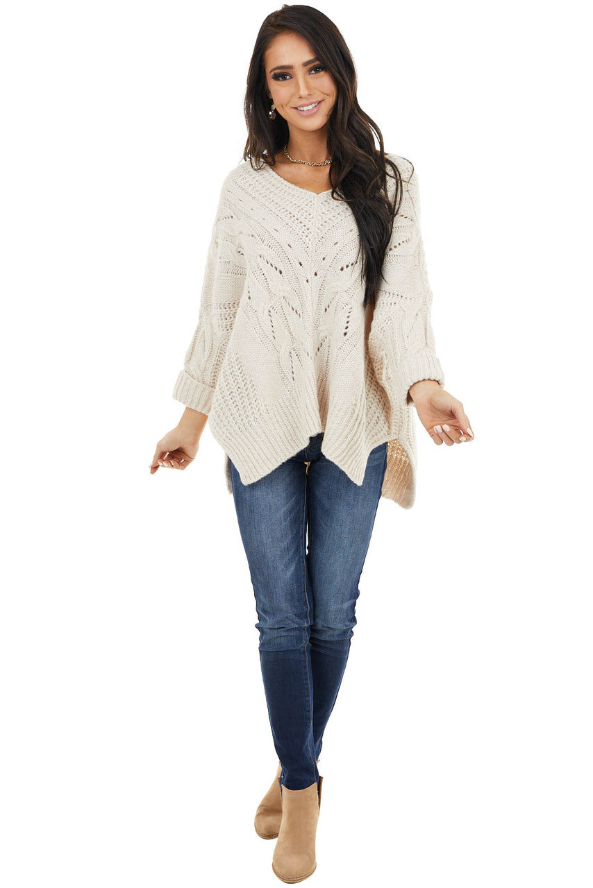 Cream Oversized Cable Knit Sweater with Side Slits
