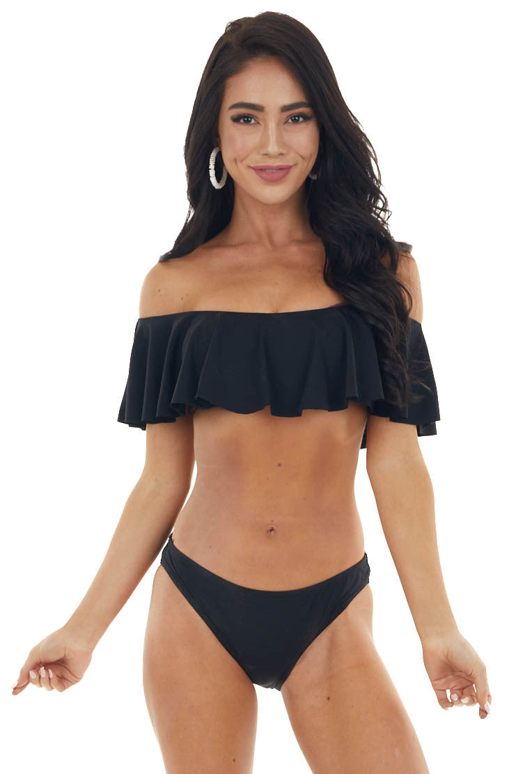 Black Bandeau Style Bikini with Ruffled Overlay Details