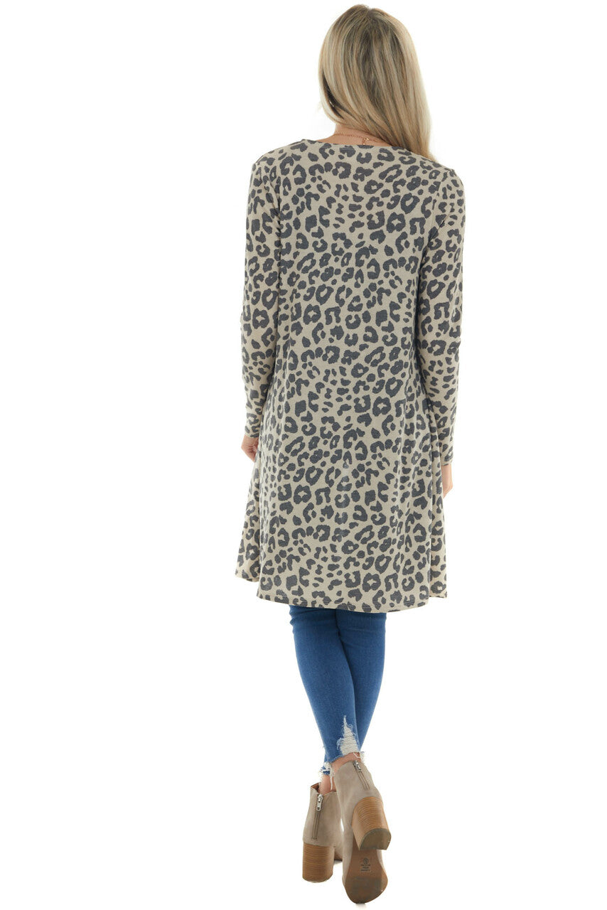 Sand Leopard Print Open Front Knit Cardigan