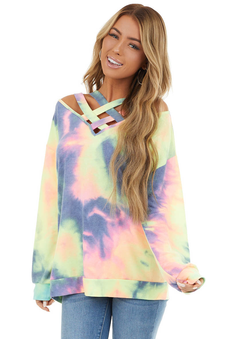 Multi Color Tie Dye Long Sleeve with Criss Cross Neck Detail 