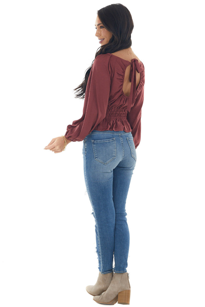 Marsala Open Back Smocked Peplum Silky Blouse 