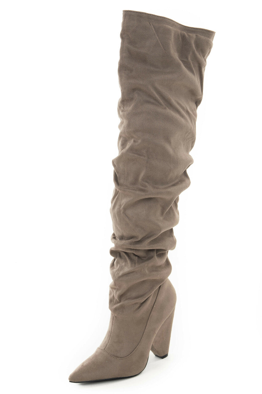 Khaki Suede Knee High Slouchy Heeled Boots