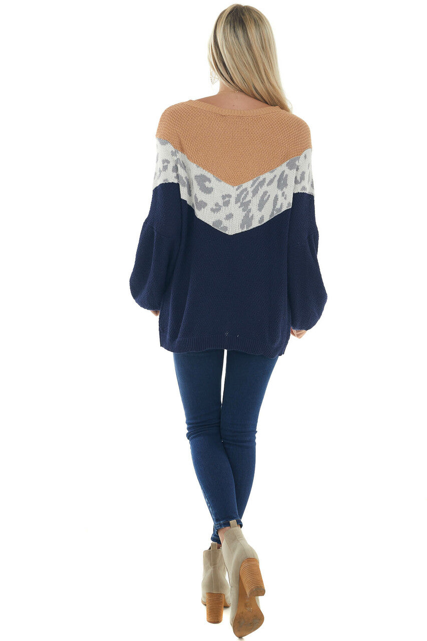 Chevron Leopard Colorblock Long Sleeve Sweater