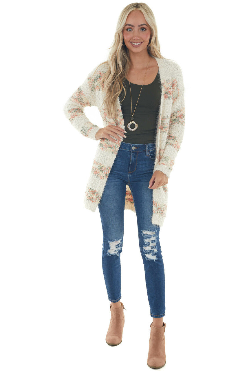 Cream Striped Open Front Popcorn Knit Cardigan 