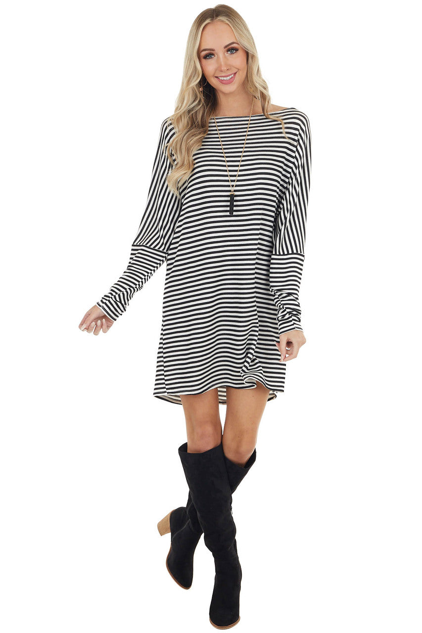 Black and White Striped Boat Neckline Short Knit Dress