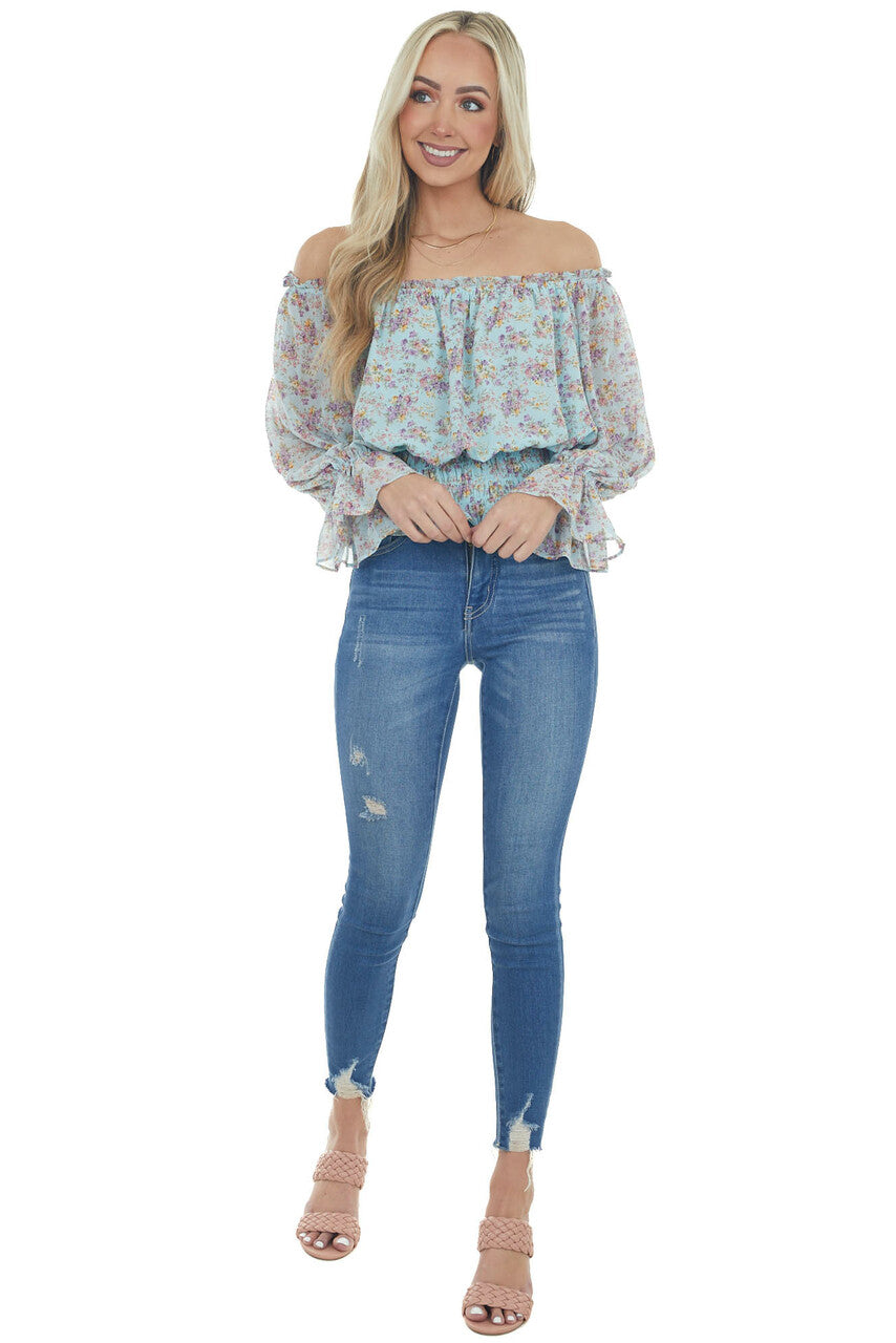Arctic Blue Floral Print Smocked Waist Blouse